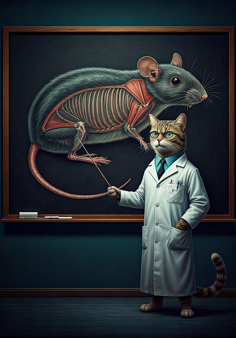 Cat Scientist Explains Mouse Anatomy in Surreal Style