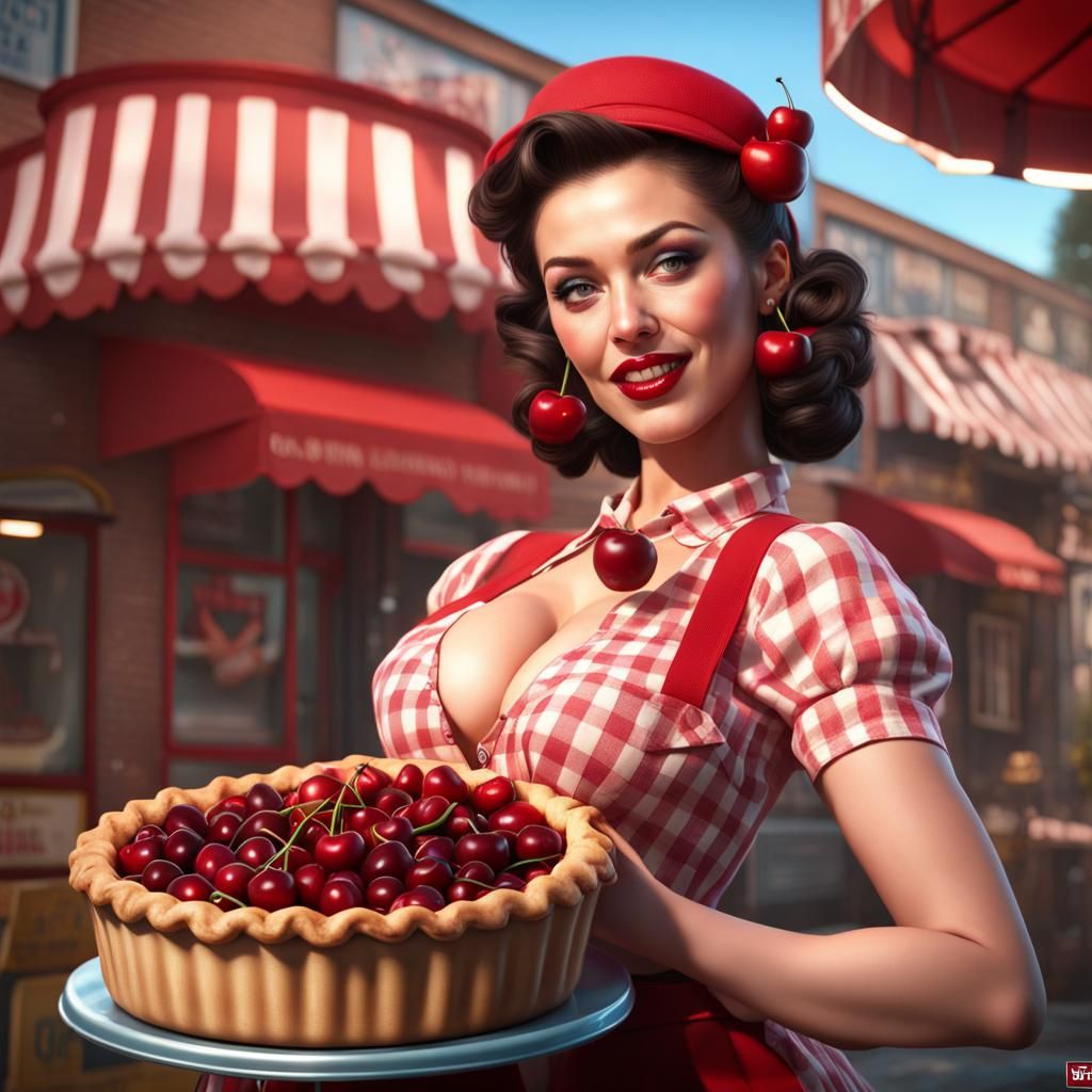 Hyperrealistic Cherry Pie Pinup Girl: Detailed Fantasy Art