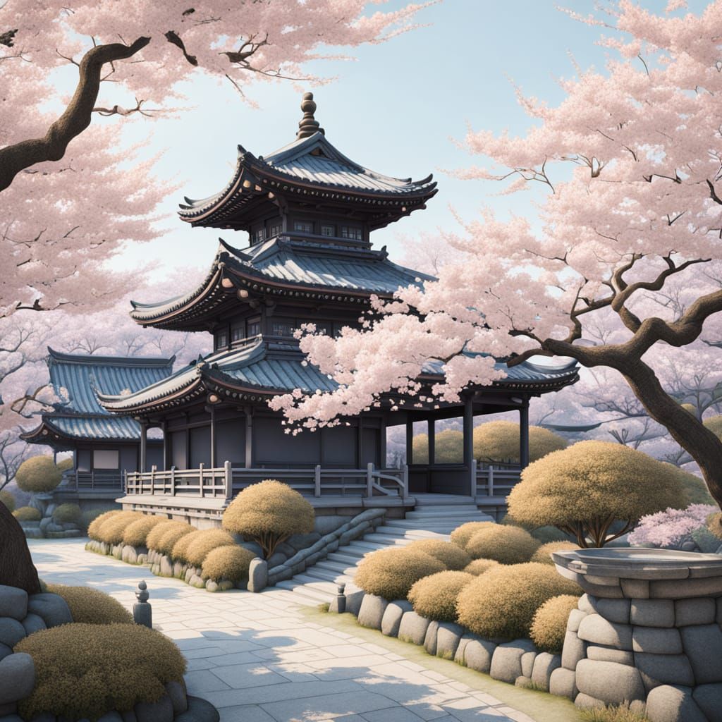 Serene Ukiyo-E Scene with Chinese Bee Hives and Blossoming C...