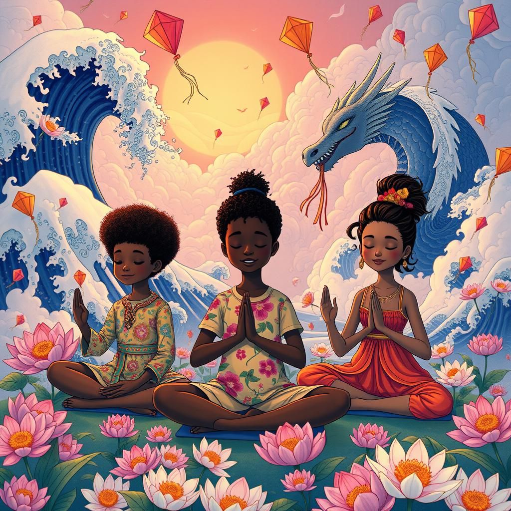 Family Yoga and Meditation in Anime Style