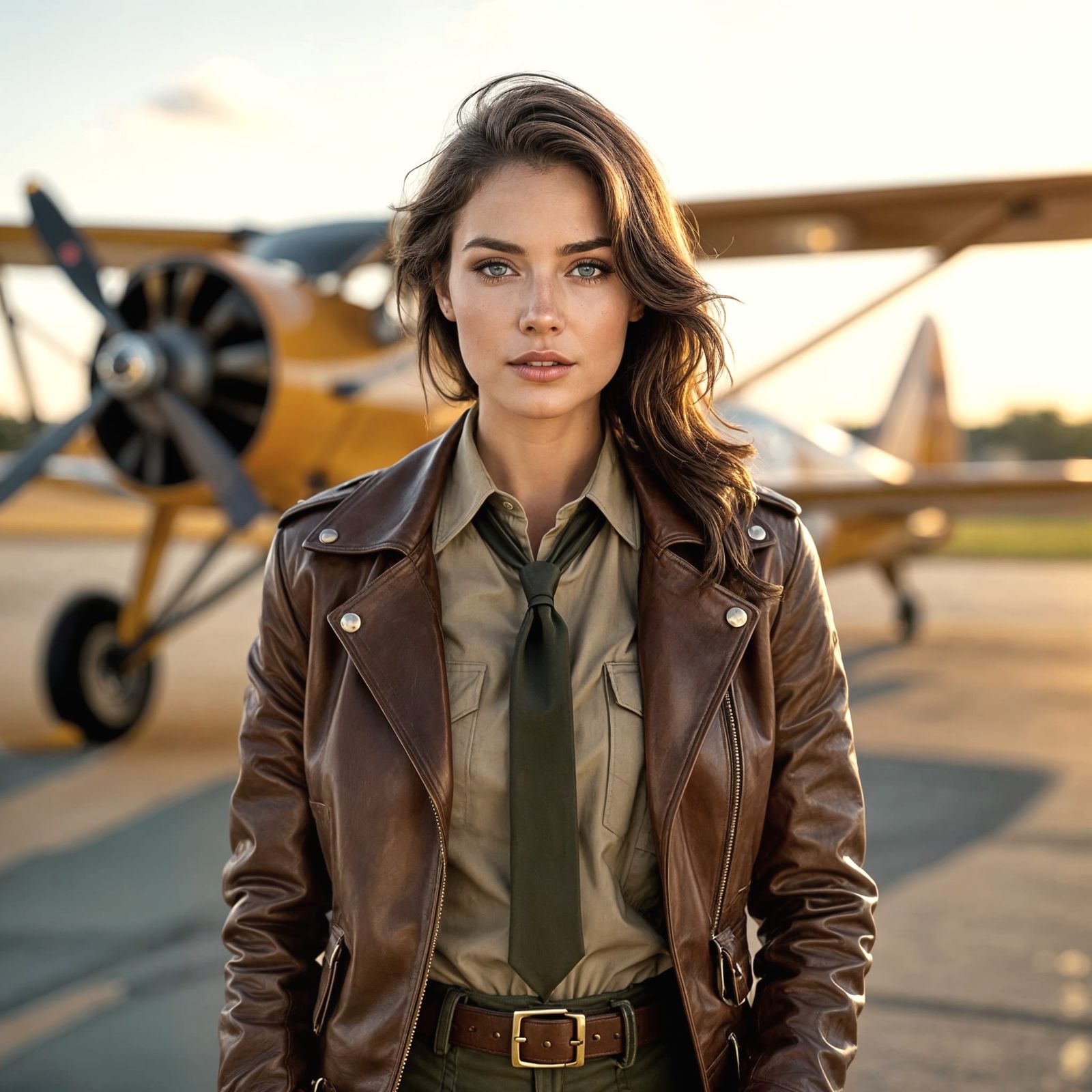 Glamorous 1940s Pin-Up Pilot on Airstrip
