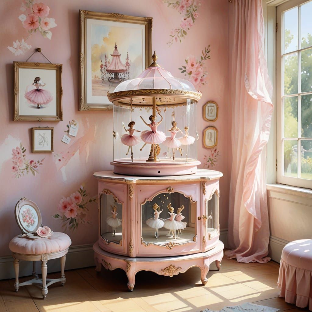 Watercolor Ballet Dancers in Music Box on Table