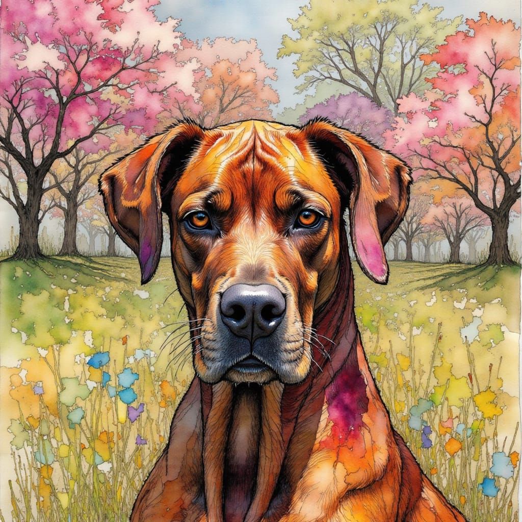 Colorful Rusty Great Dane in Spring Garden, Impressionist Al...