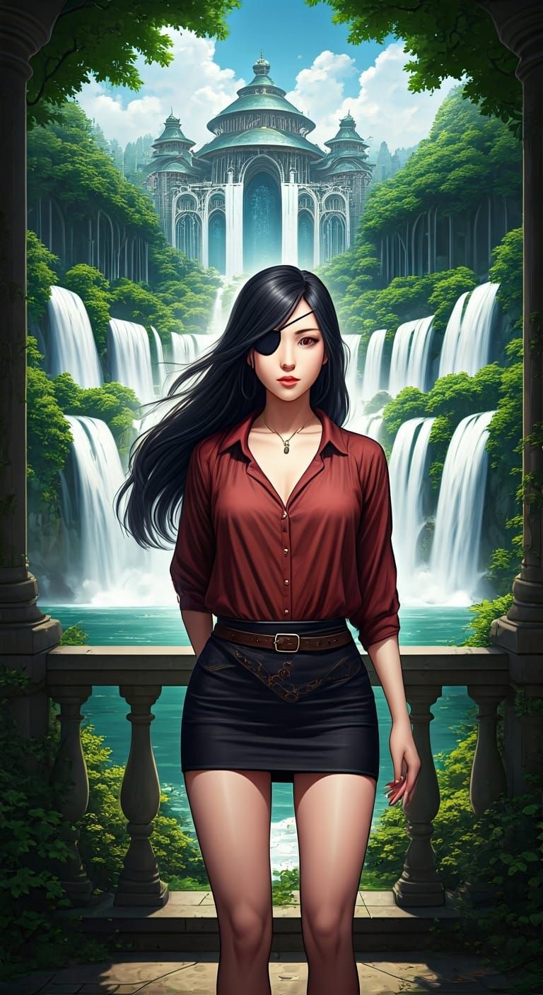 Anime Woman with Eyepatch at Waterfall Palace