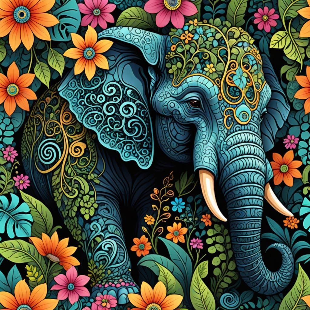 Psychedelic Elephant Head with Floral Jungle Vines