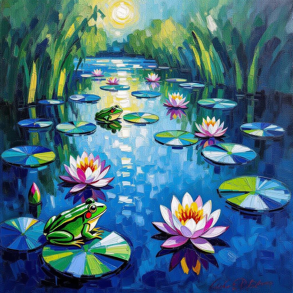 Water Lilies and Frogs: Neo-Impressionist Oil Painting