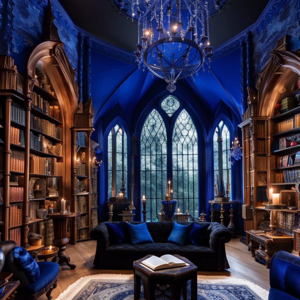 Gothic cobalt blue Ravenclaw themed living room with lots of crystals and candles and books