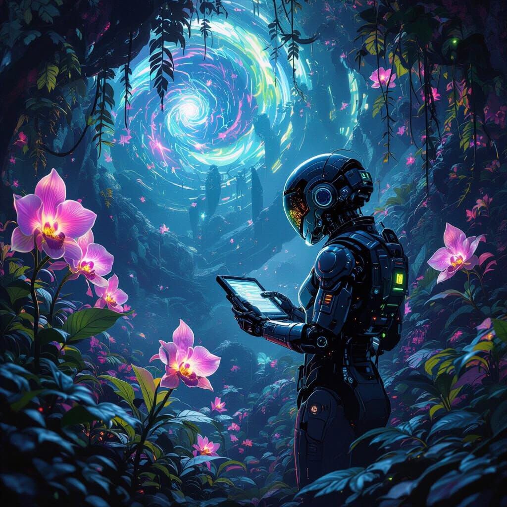 Cybernetic Botanist in Bioluminescent Alien Jungle