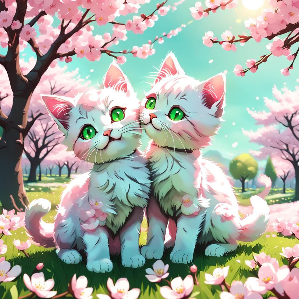 Pink Kittens Play Among Cherry Blossoms: 3D Anime Art