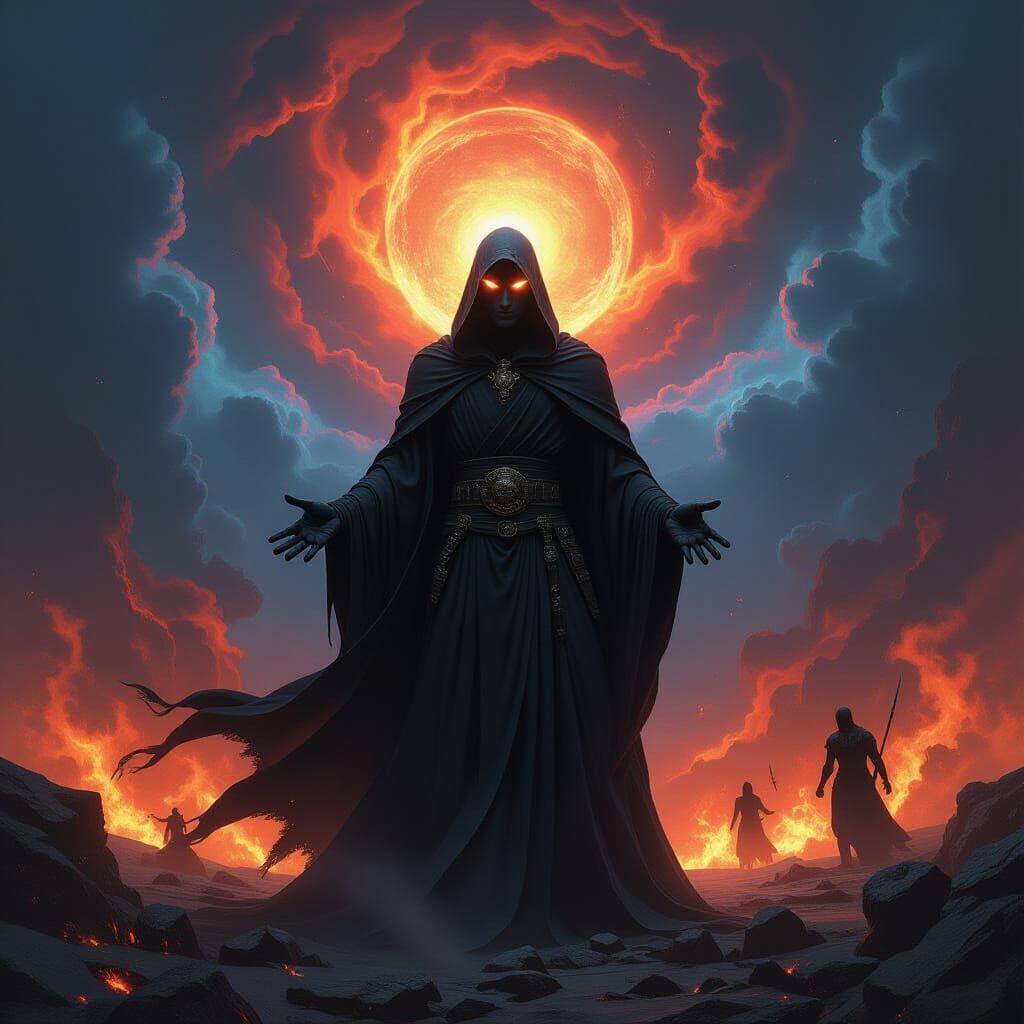 Cosmic Warrior with Blazing Eyes in Epic Storm