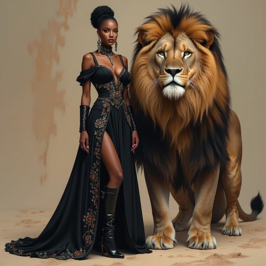 African Enchantress with Lion, Mystical Realism Style