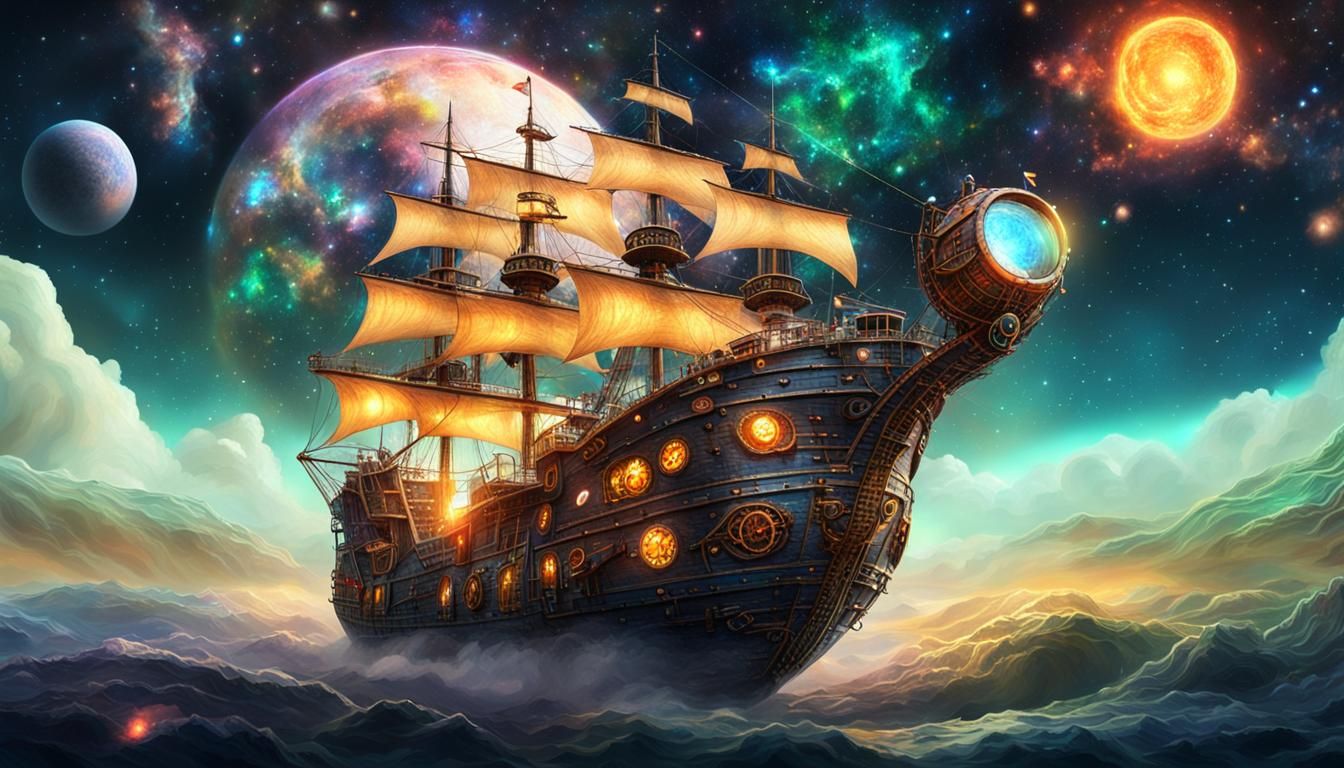 Steampunk Pirate Ship Flying to Black Hole