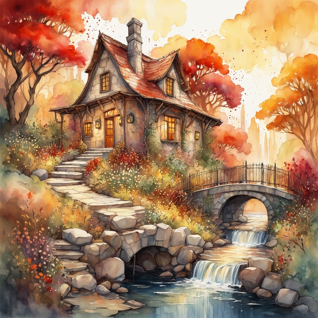 Watercolor Landscape with Whimsical Cottage and Waterfall