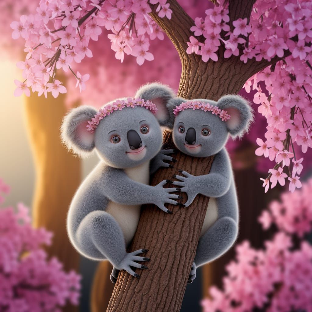 Kawaii Koalas Climbing a Pink Blossom Tree