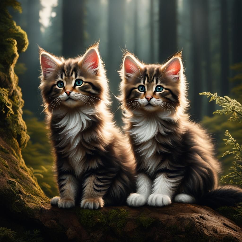 Adorable Norwegian Forest Kittens in Digital Painting Style