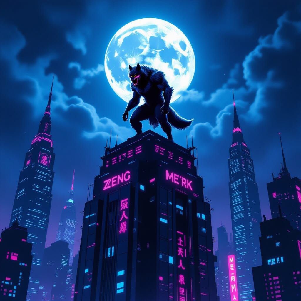 Cyberpunk Werewolf Howls from Neon Skyscraper