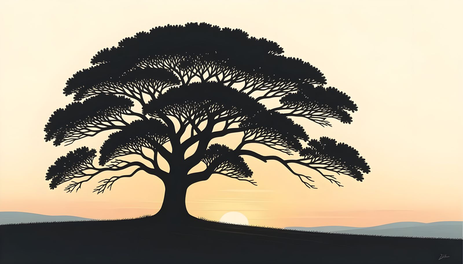 Charcoal Silhouette: Tree in Sunset Landscape