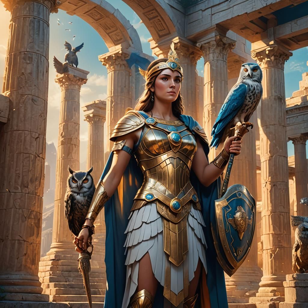 Goddess Athena in Ancient Greek Temple, Matte Painting