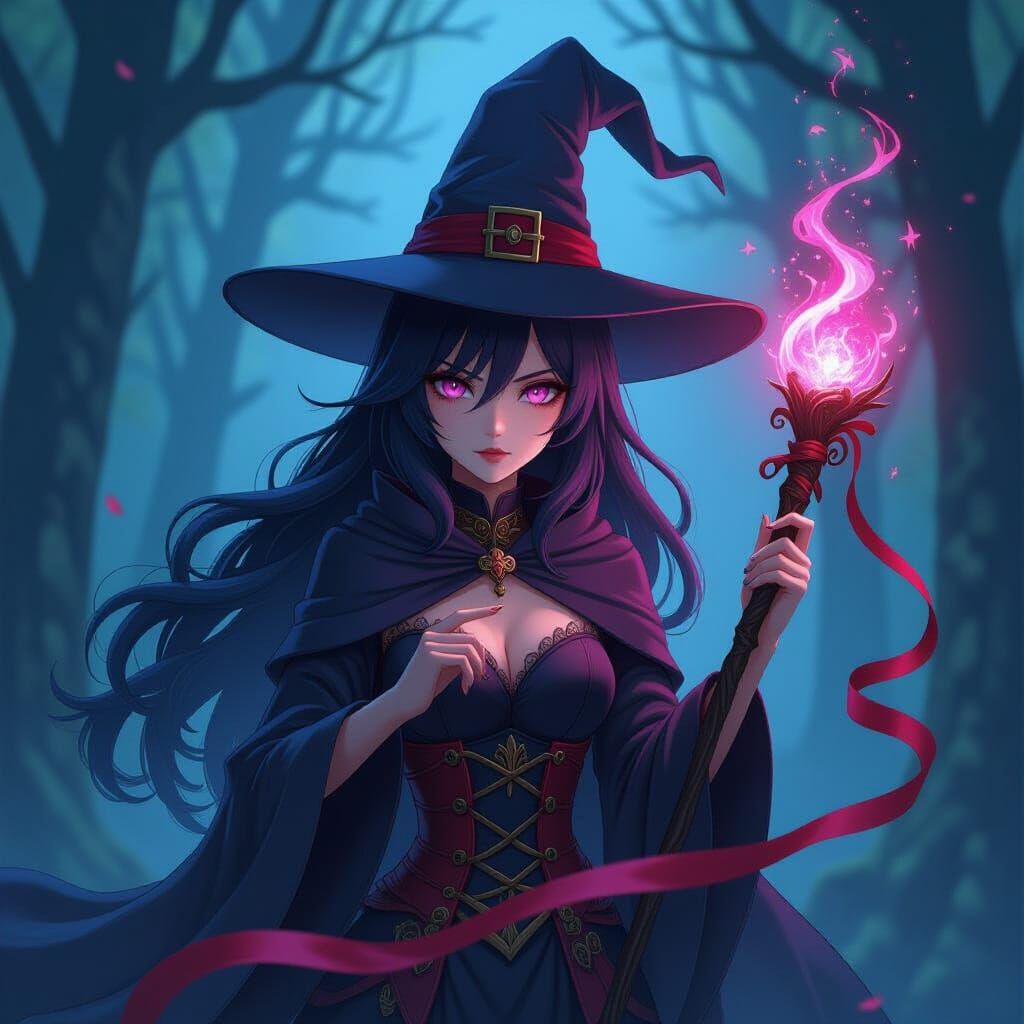 3d anime art. head and shoulders portrait. A witch casts a d...