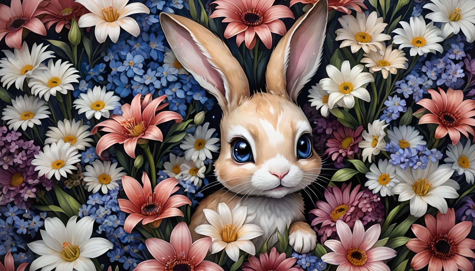 Chibi Rabbit in Floral Bouquet, Watercolor Style