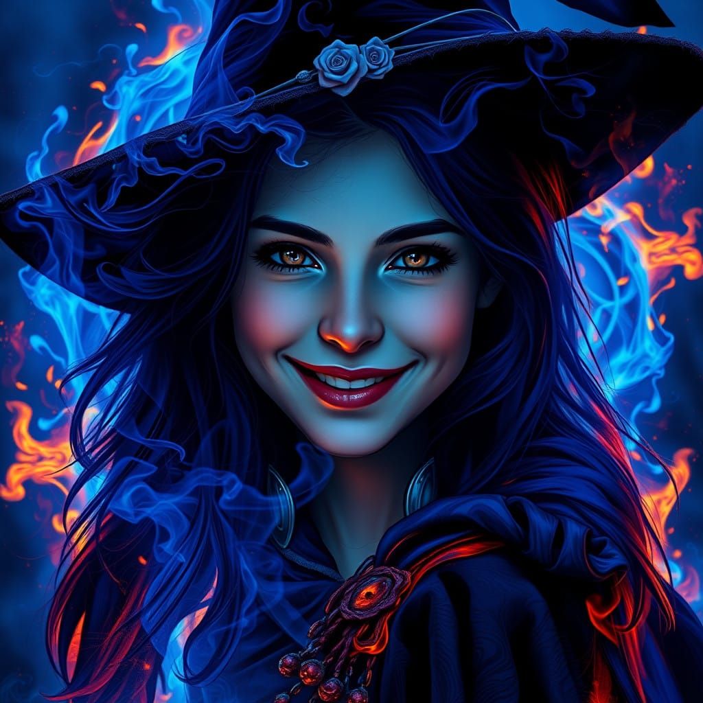 Beautiful Witch Silhouetted Against Fiery Inferno