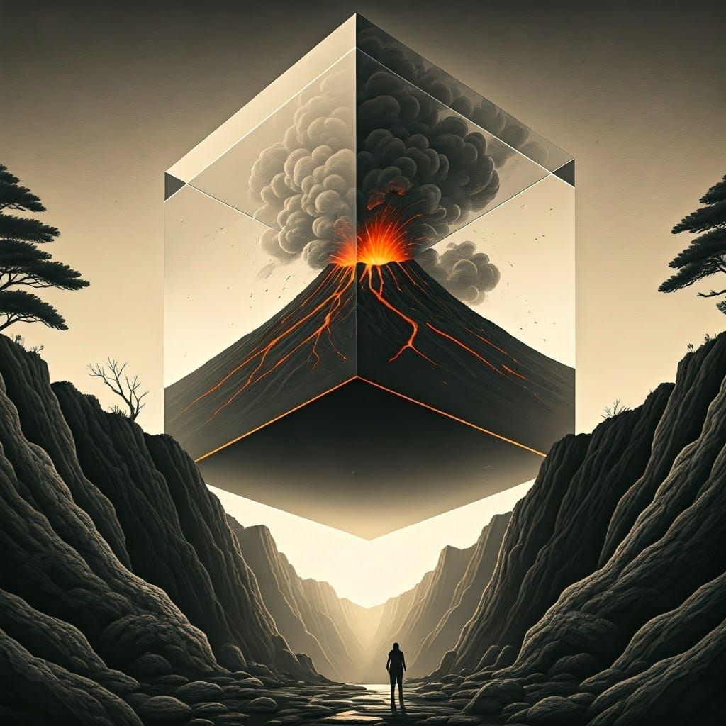 Transparent Cube Hovers Above a Gorge with Erupting Volcano