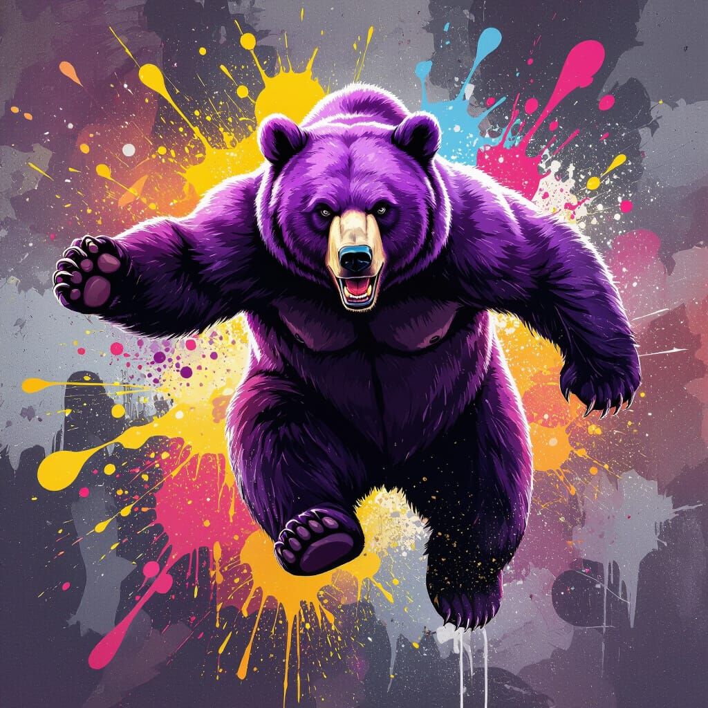 Muscular Purple Bear Flying in Graffiti Art Style