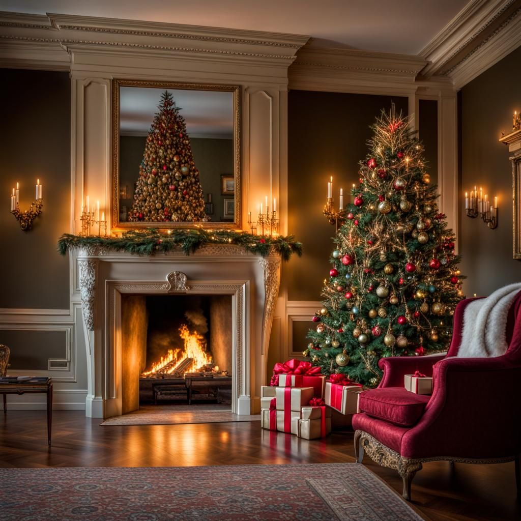 Christmas Tree and Fireplace in Mansion