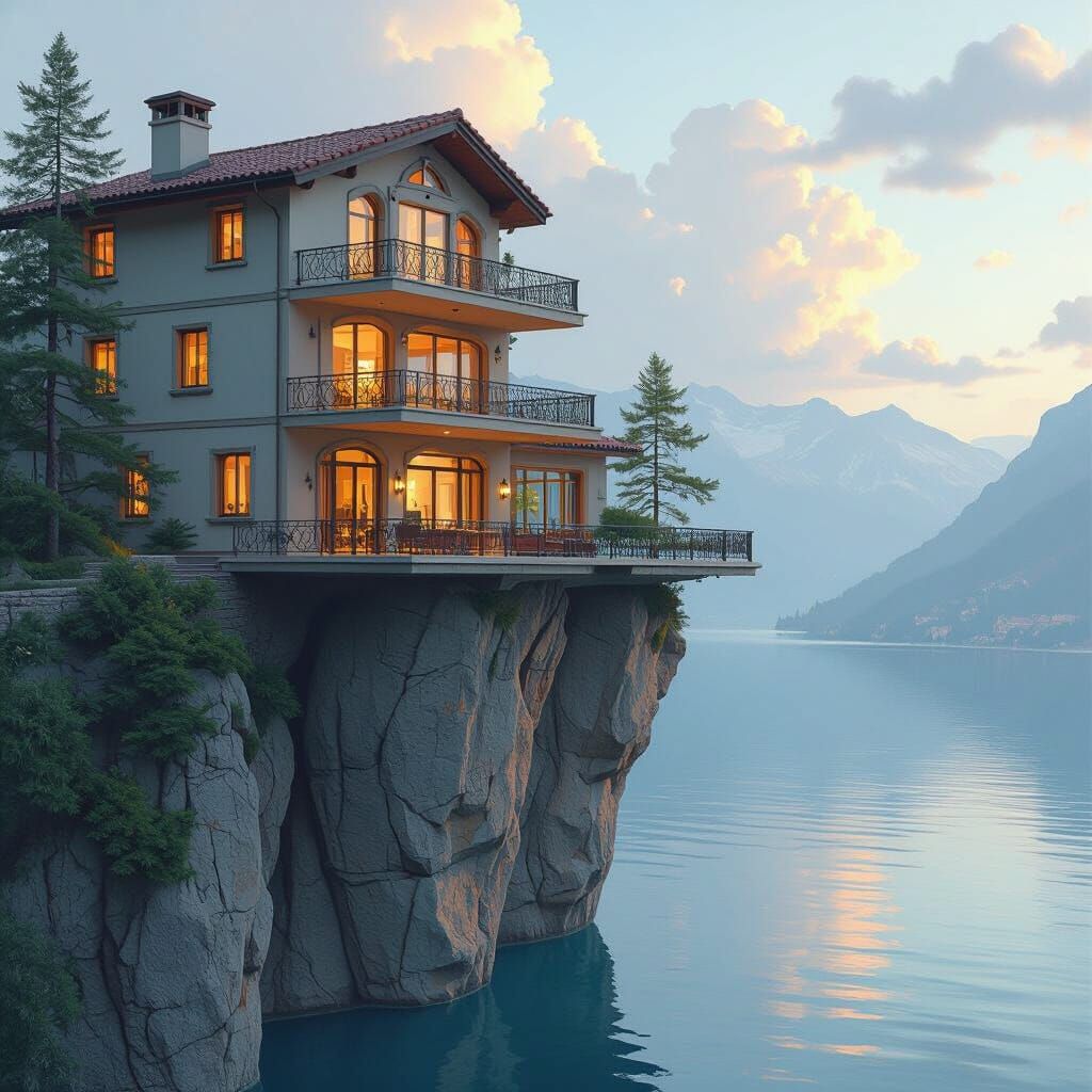 Multi-Story Cliffside House Overlooking Serene Lake