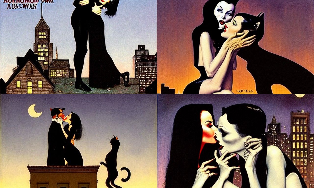 Morticia and Catwoman's Rooftop Kiss, Rockwell Style