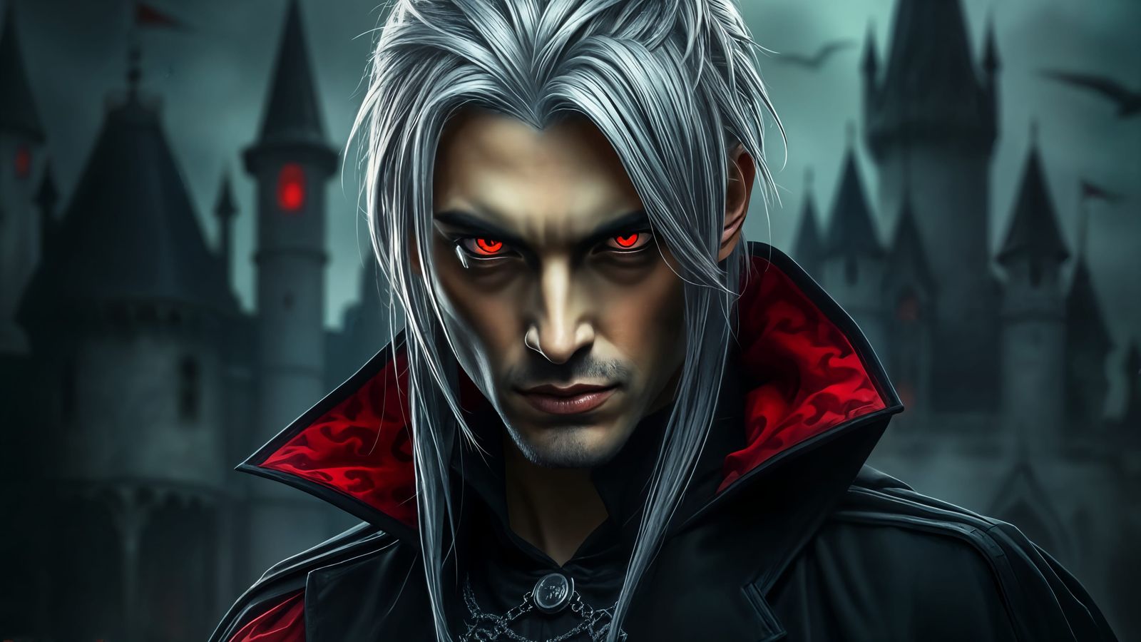 Gothic Vampire Portrait with Piercing Red Eyes
