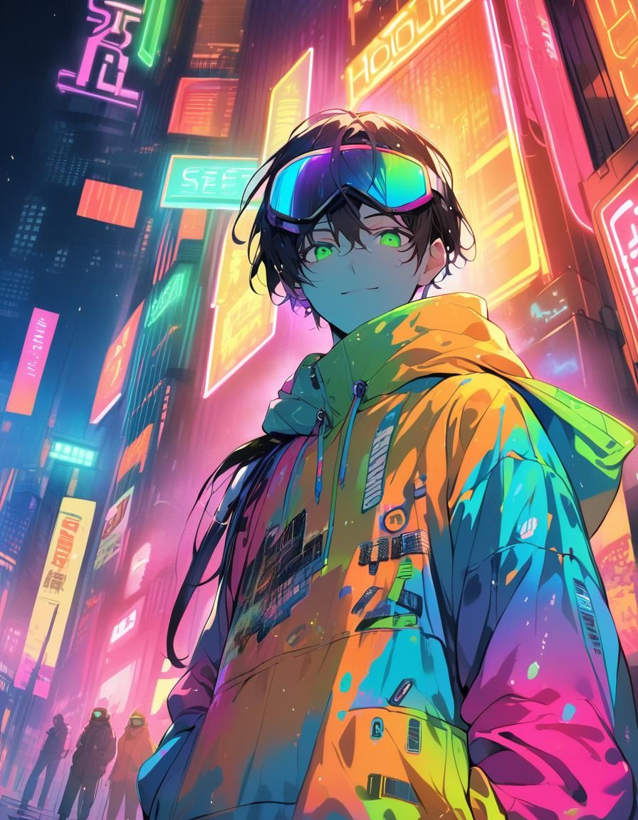 Cyberpunk Bishounen with Neon Reflections and Holograms