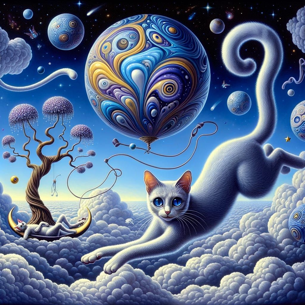 Surreal Cats Floating Among Dreamlike Clouds