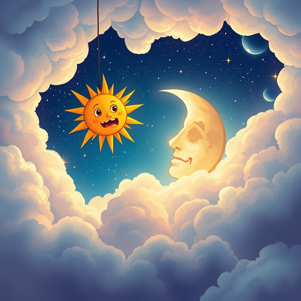 Bewildered Sun and Moon in Starry Sky