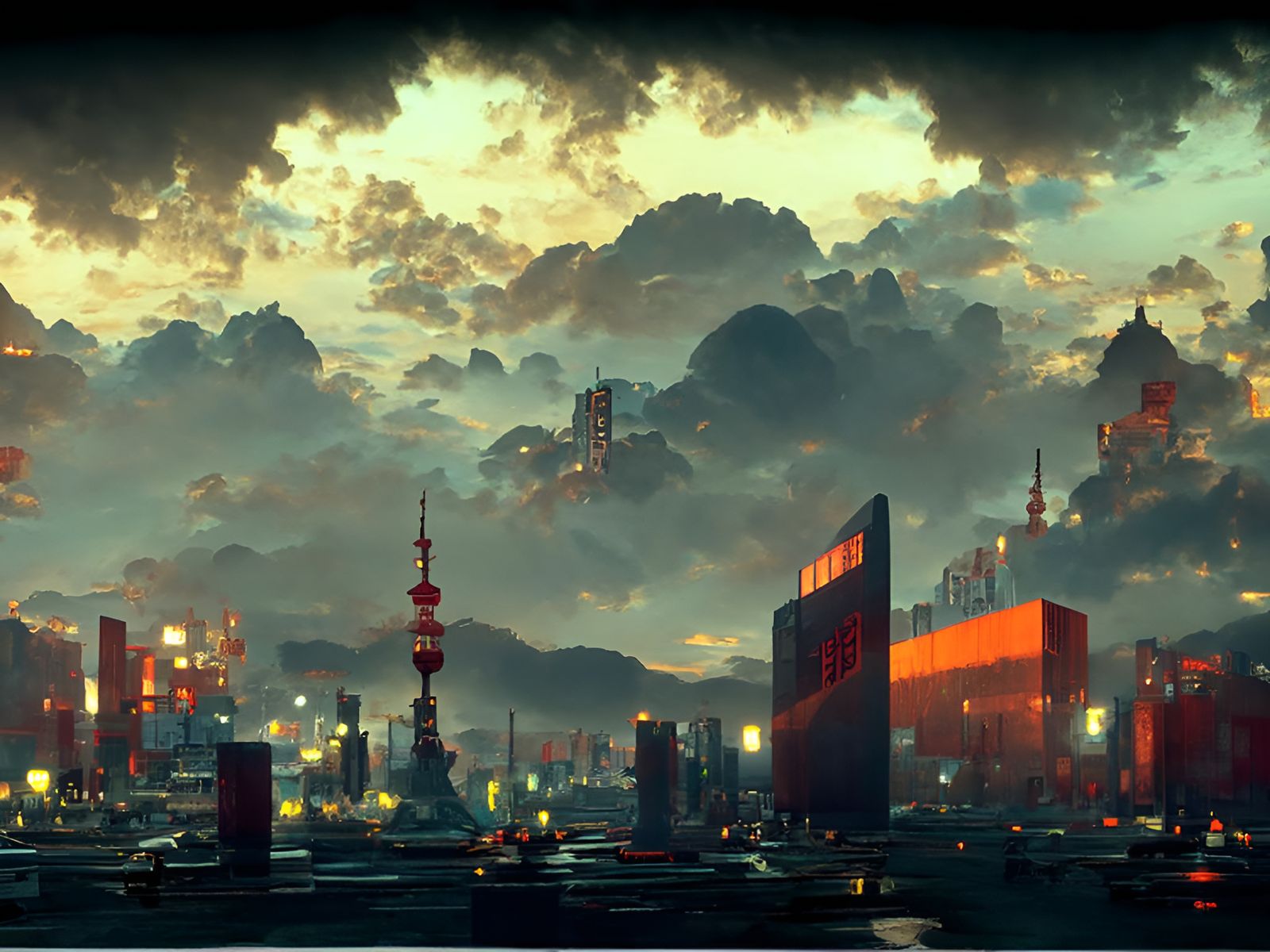 Dystopian Future Tokyo Cityscape at Dusk