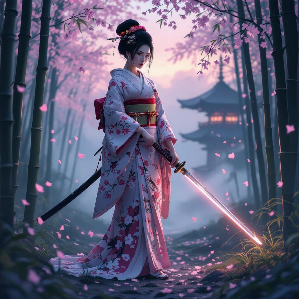 Ethereal Geisha Warrior in Misty Bamboo Forest
