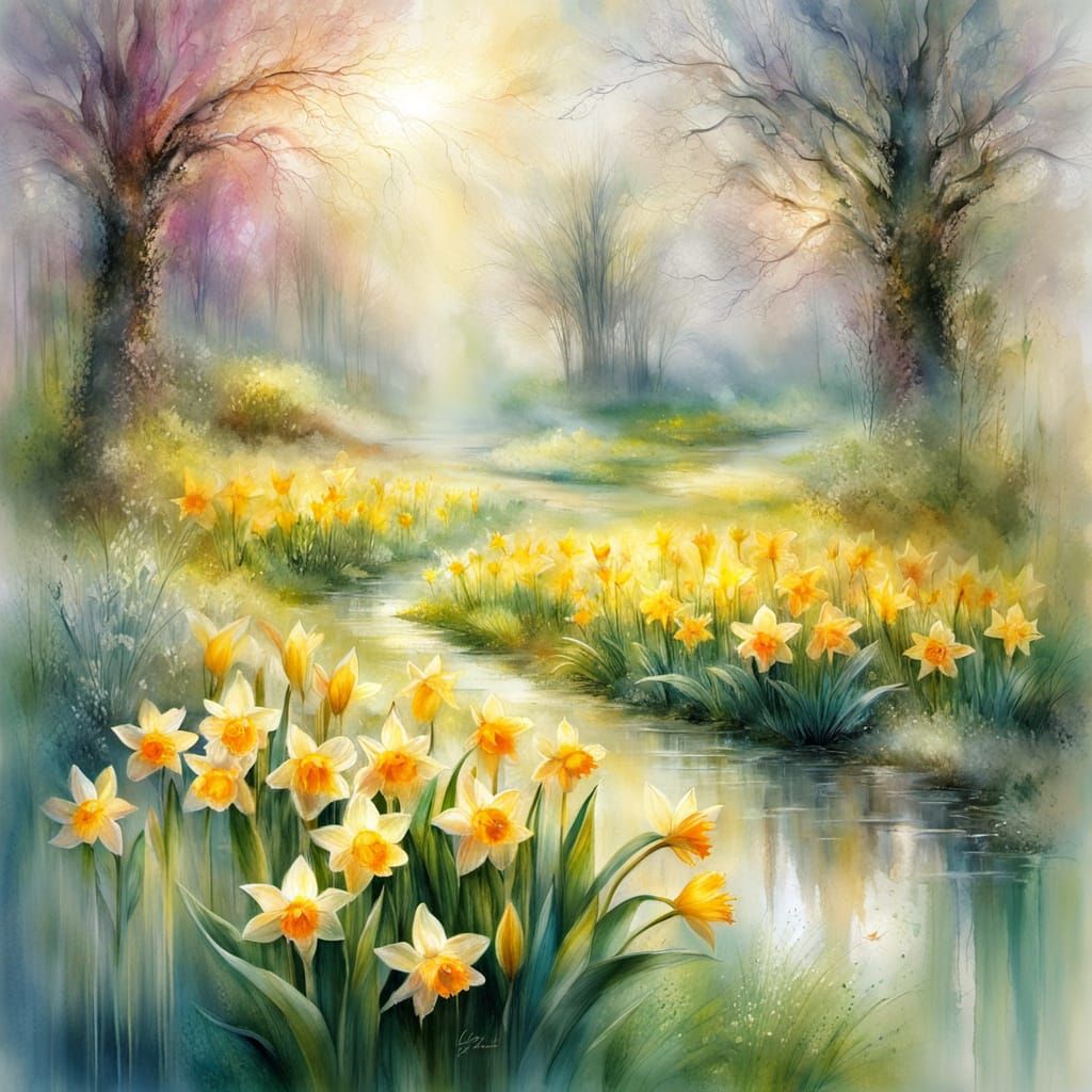 Vibrant Spring Garden in Whimsical Watercolour