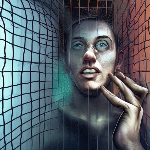 Person Trapped in Mind Jail: Hyperrealistic Splash Art