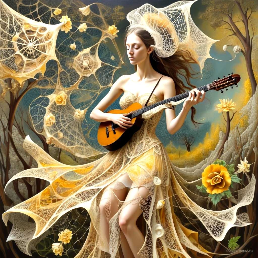 Surreal Musician in Flower-Inspired Couture, Dreamlike Art