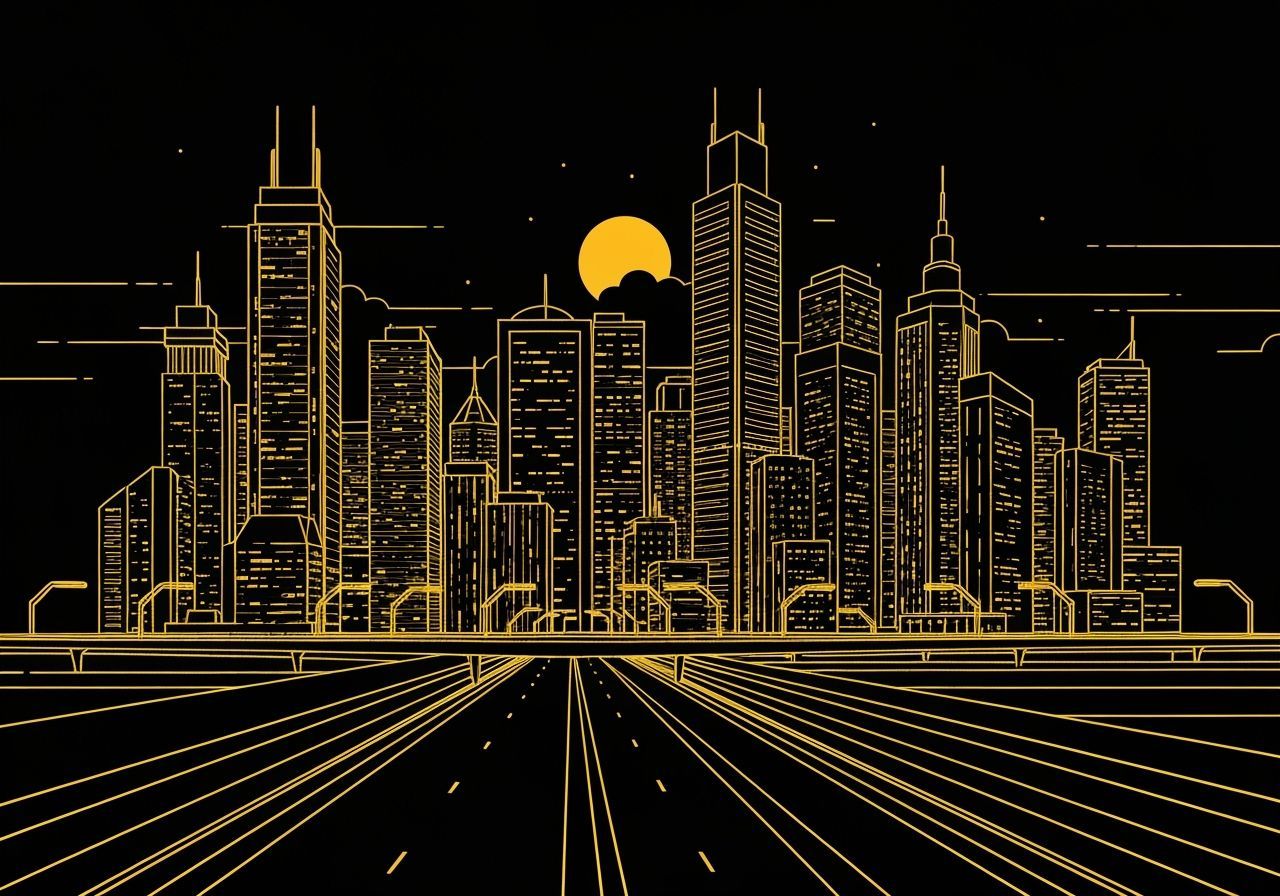 Futuristic Cityscape at Night in Line Art Style