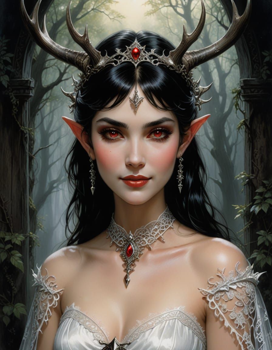 Enchanting Elf Maiden with Antlers, Royo Style