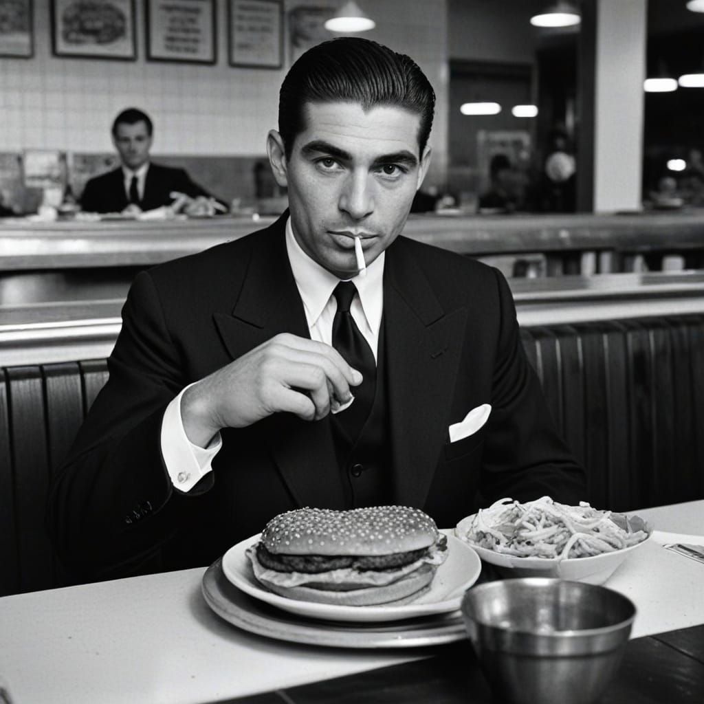 1950s Gangster at Burger King in Black Suit