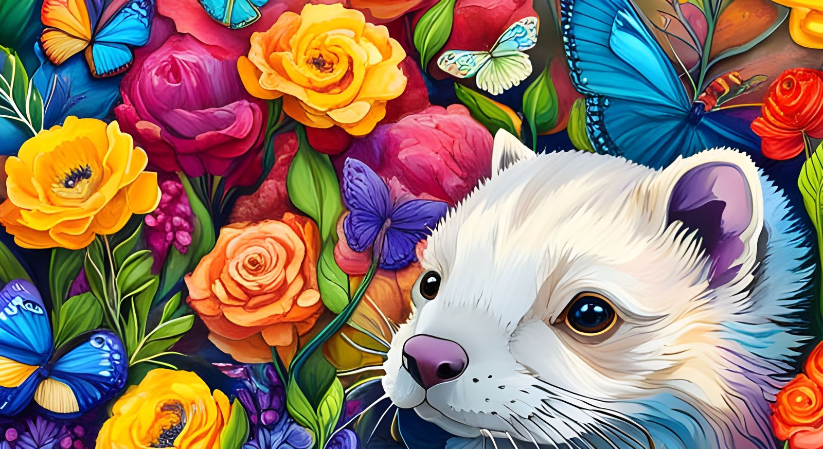 Ferrets in Floral Impasto with Butterflies