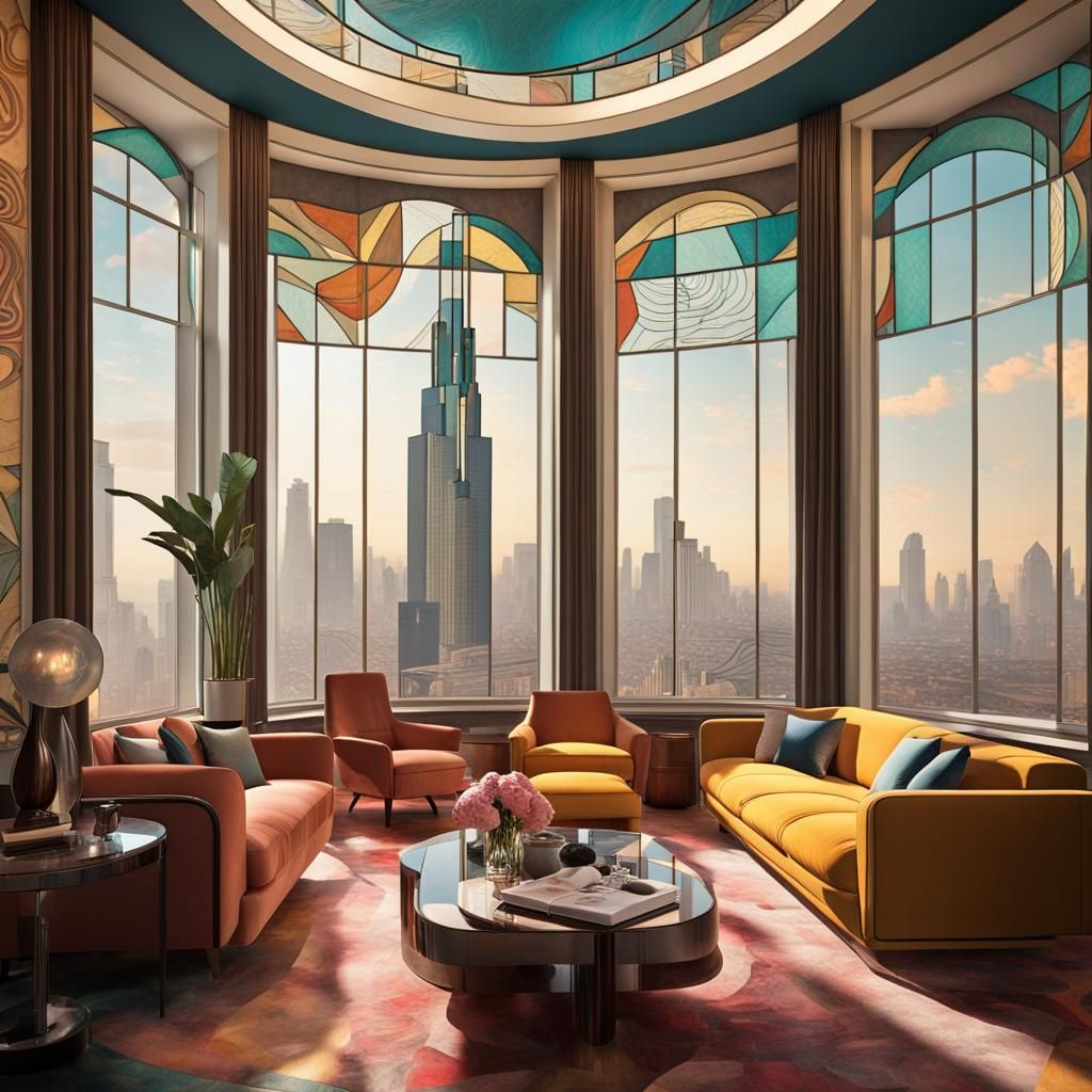 Art Deco Living Room with City View