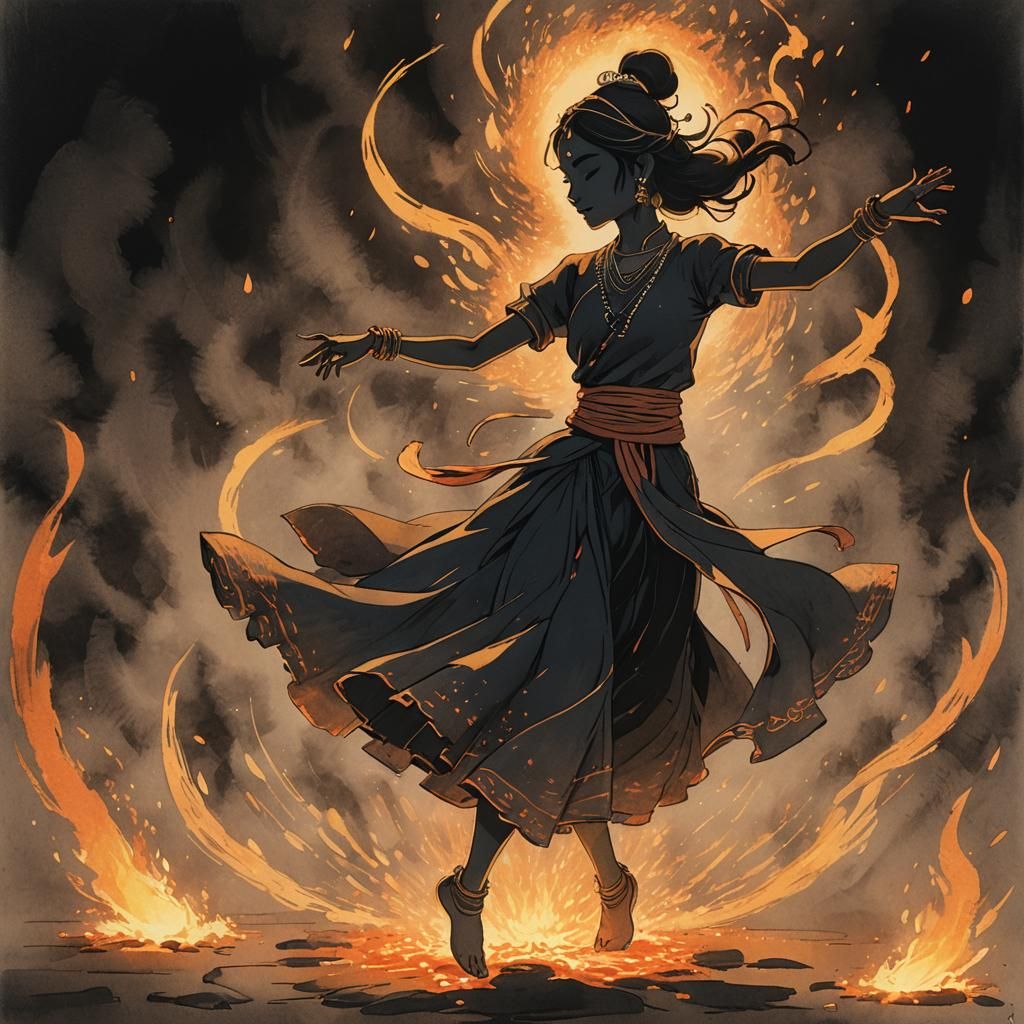 Indian Dancer Silhouette on Embers: Charcoal Anime Art