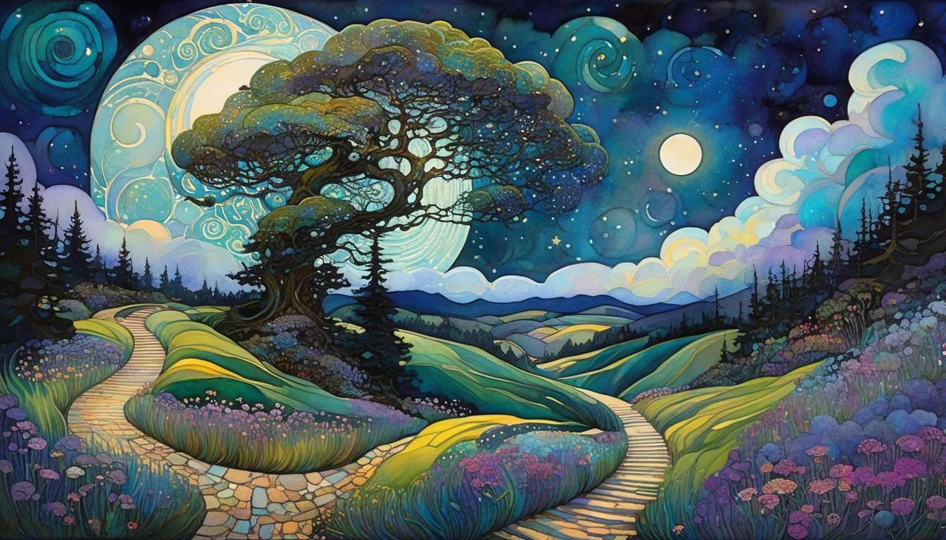 Fantasy Landscape with Swirling Clouds in Art Nouveau Style