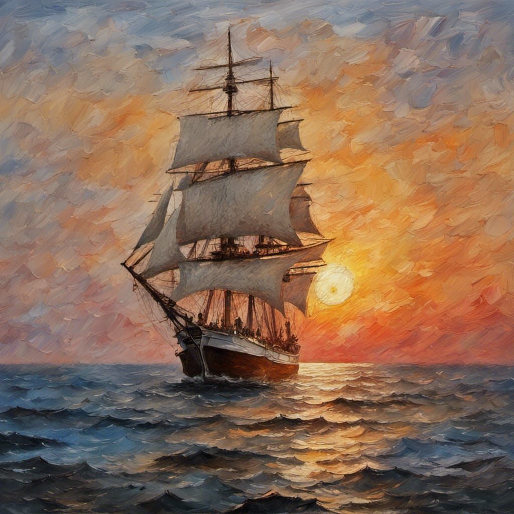 Tall Ship at Sunset in Impasto Style