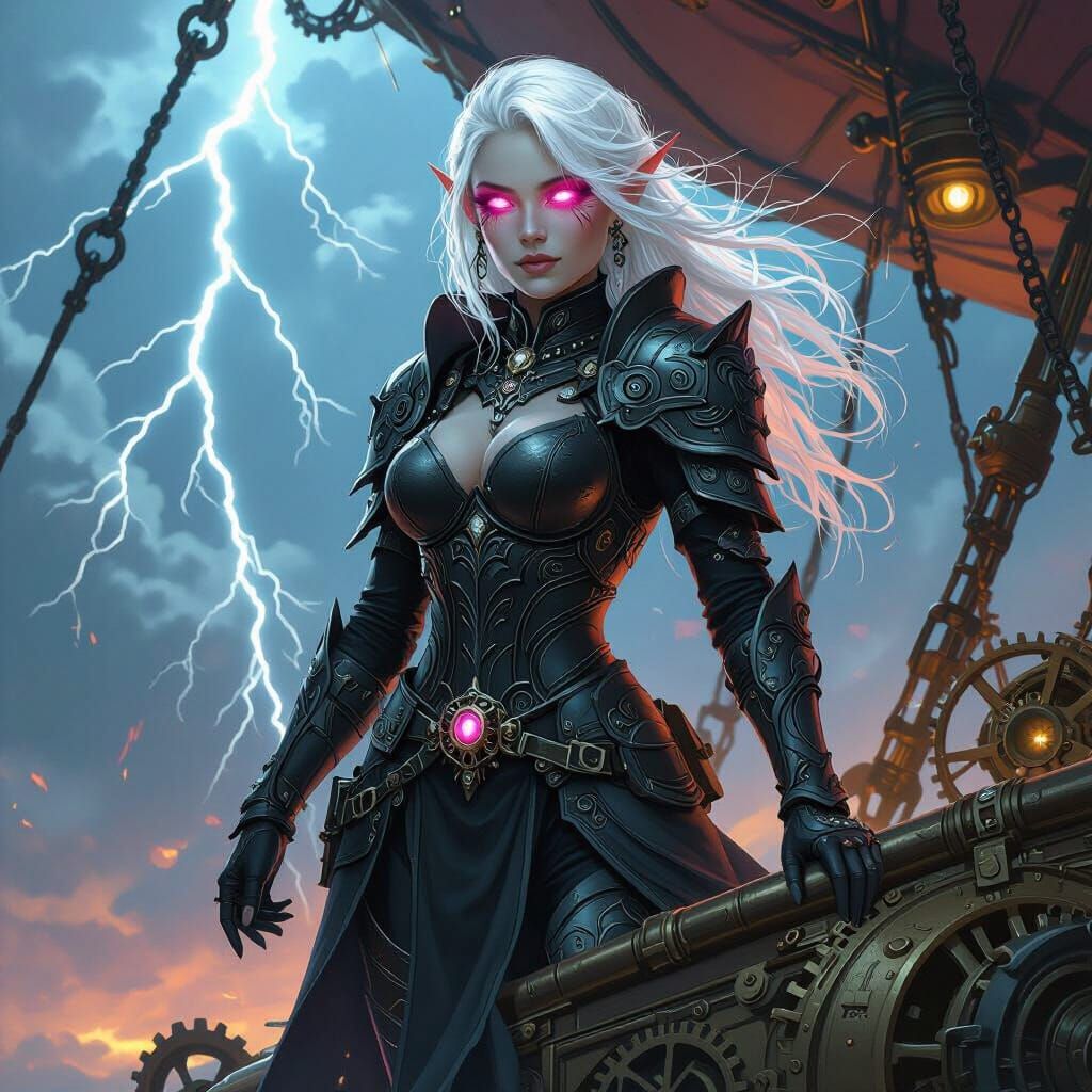 Drow Elf in Obsidian Armor on Steampunk Airship During Storm
