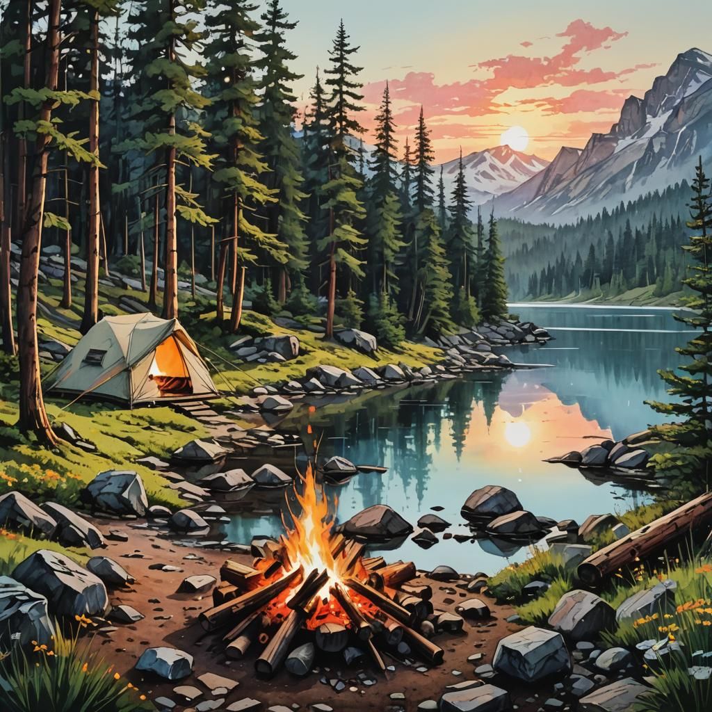 Campfire at Mountain Lake in Cubist Watercolor Style