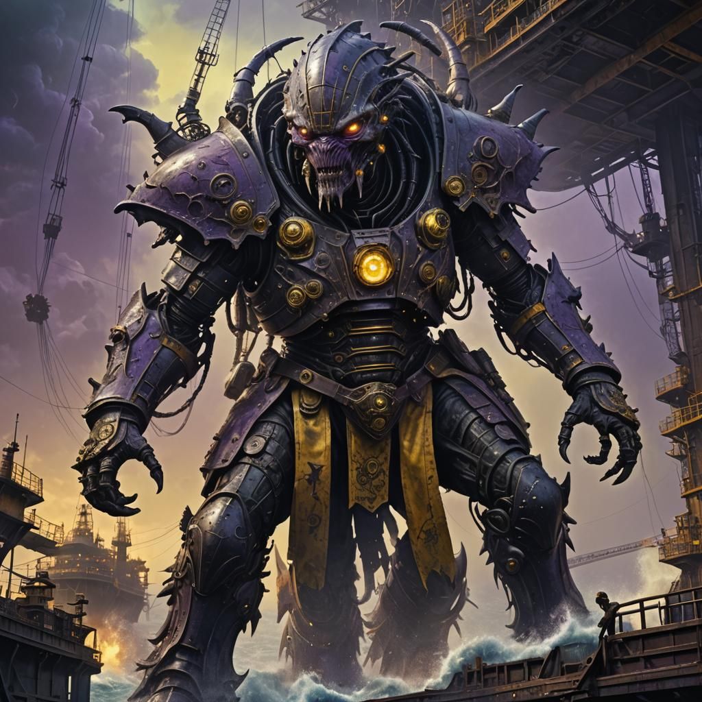 Alien Patriarch Attacks Oil Rig: Dark Fantasy Art